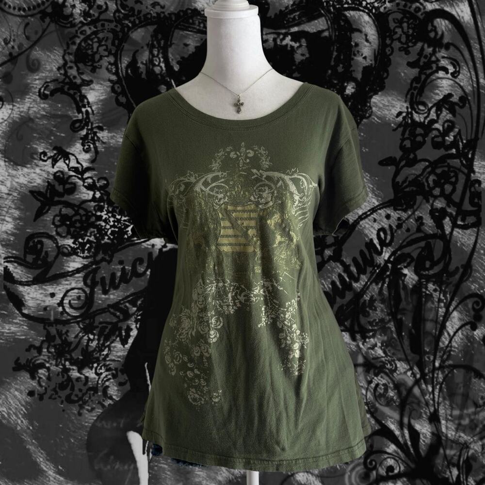 muted fairy green intricate vintage crest print boho grunge fitted baby tee